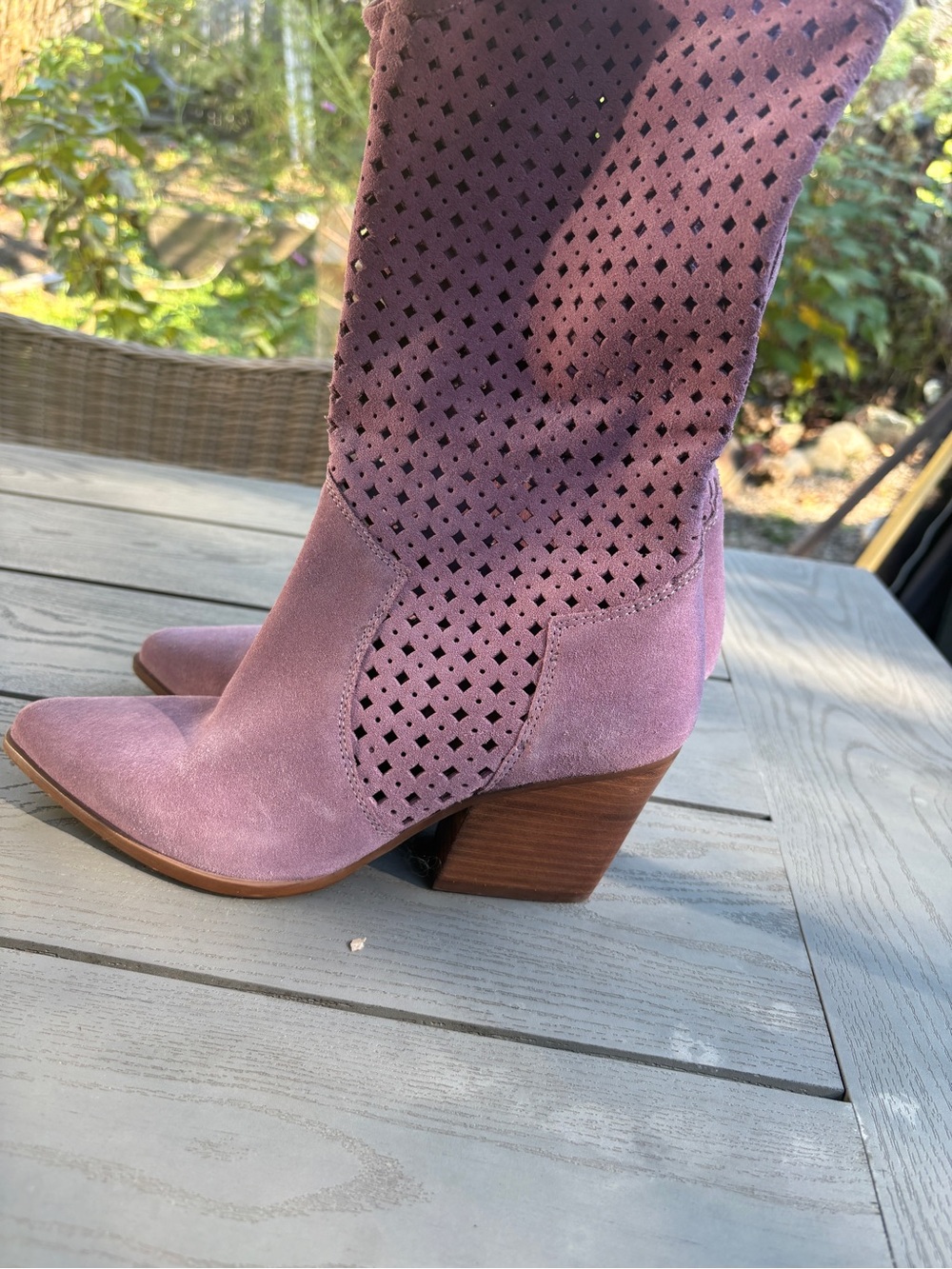 Seychelles Dusty Lavender Perforated Suede Block Heel Boots